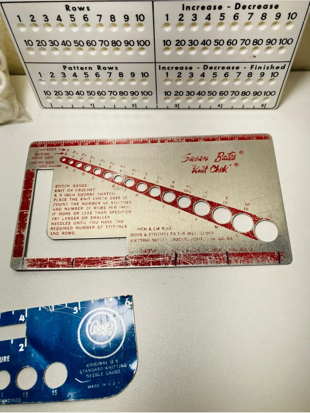 Vintage Knitting Notions: Stitch Holders, 3 knit check sizers, Pom Pom maker